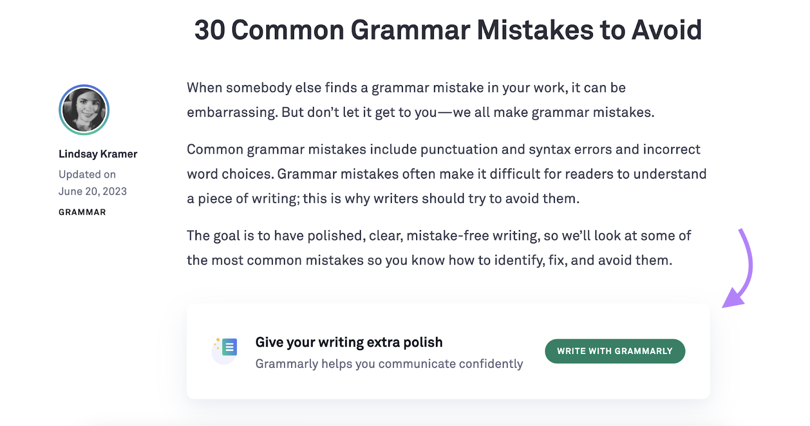 a banner is inserted into a blog post with the call to action to give your writing extra polish by writing with grammarly
