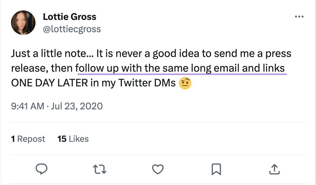 an example of a writer giving a tip about sending follow-up Twitter DMs