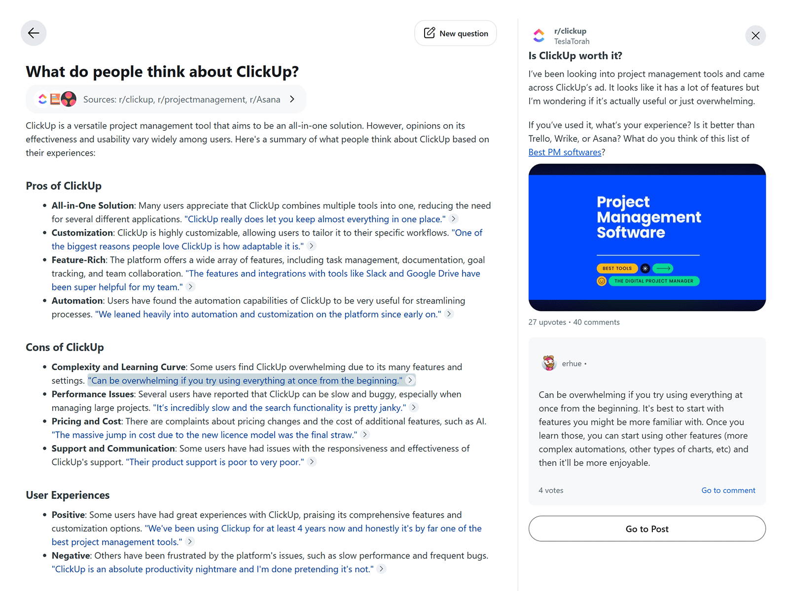 Reddit Answers summary of ClickUp pros and cons with linked thread.