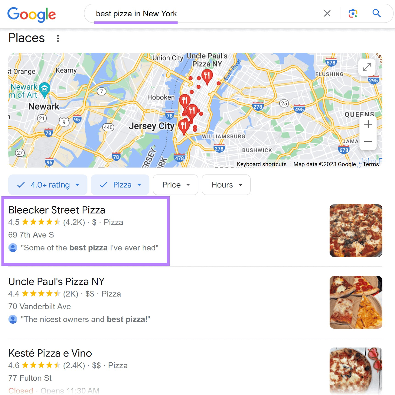 Google search results for "best pizza in New York"