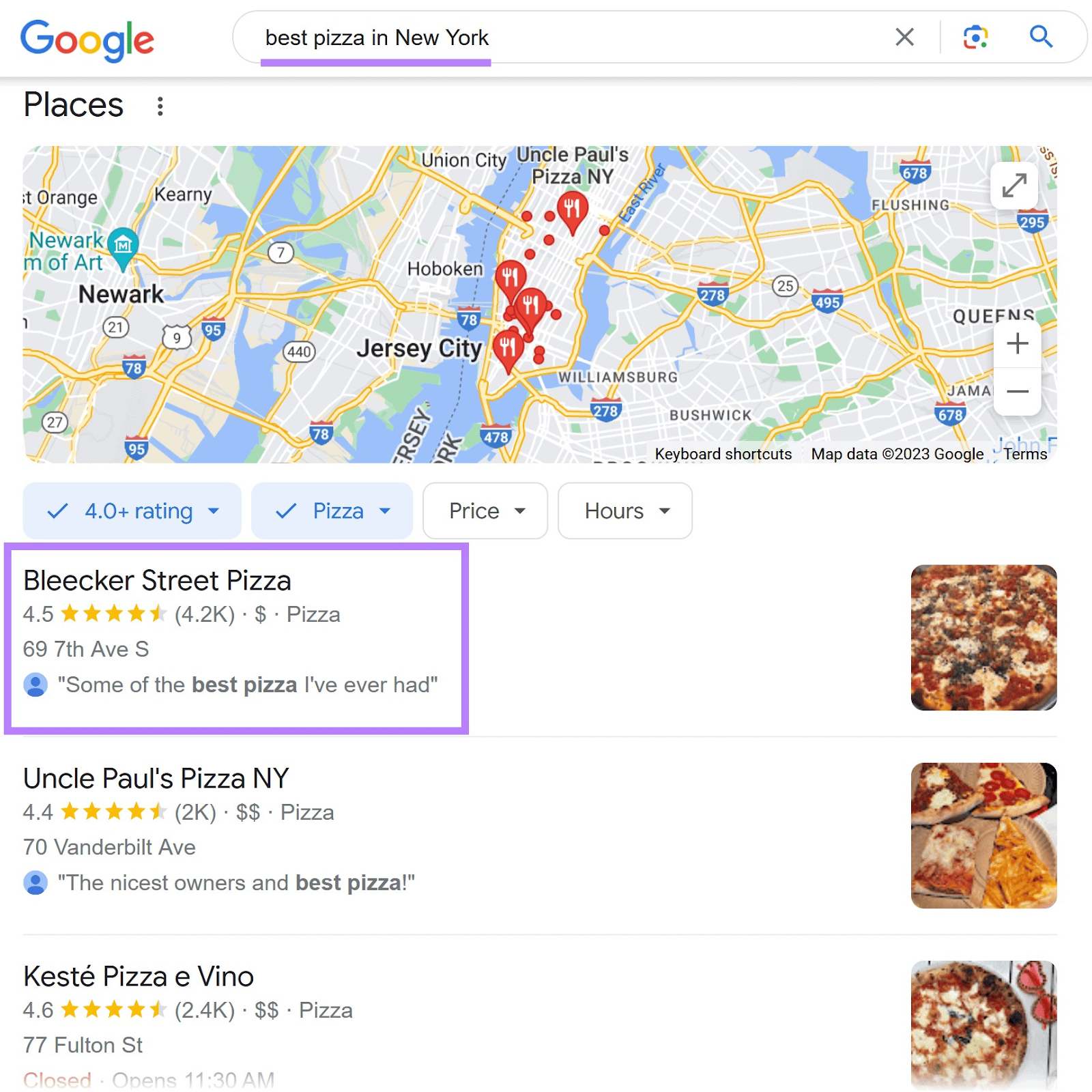 Resultados da pesquisa do Google para "melhor pizza de Nova York"