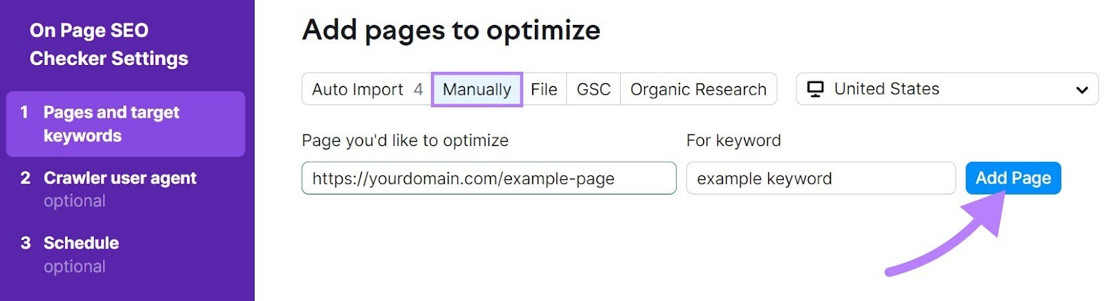 "Add pages to optimize - Manually" window in On Page SEO Checker Settings