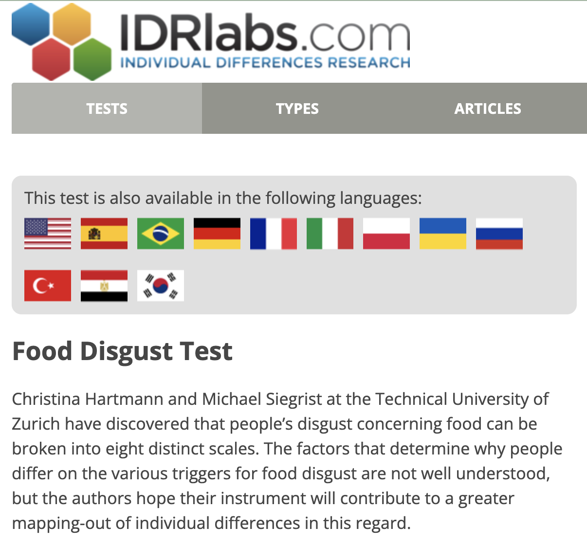 Page d'accueil du test de dégoût alimentaire d'IDRlabs
