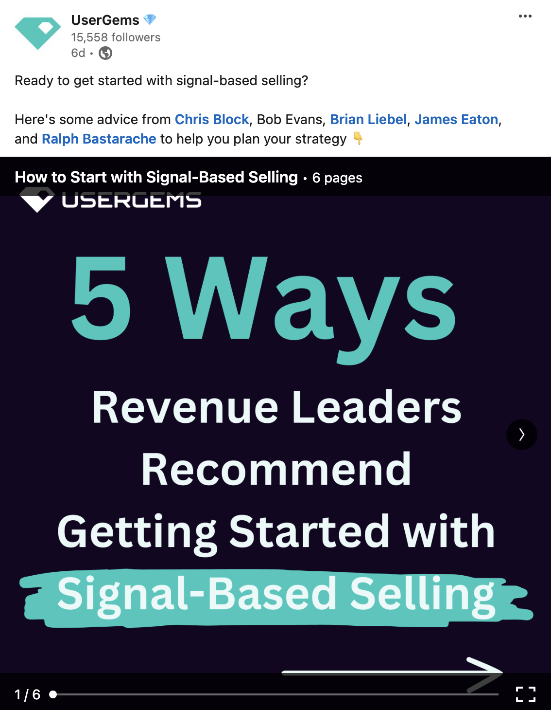 LinkedIn post by UserGems about getting started with signal-based selling, featuring advice from several individuals