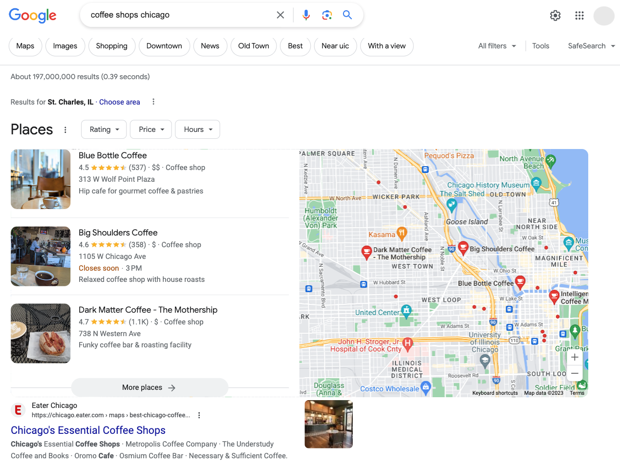 Google local search result for "coffee shops chicago"