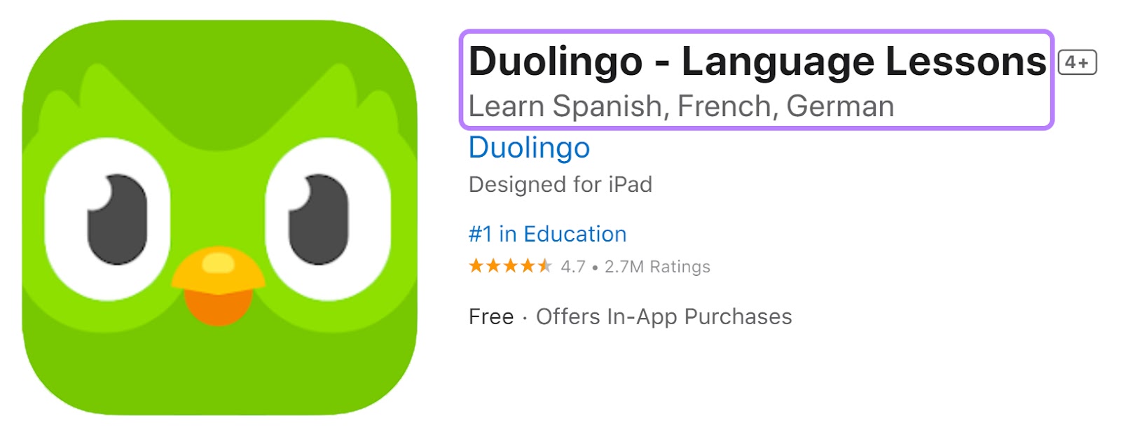 Duolingo's app title and subtitle that read "Duolingo - Language Lessons" "Learn Spanish, French, German"