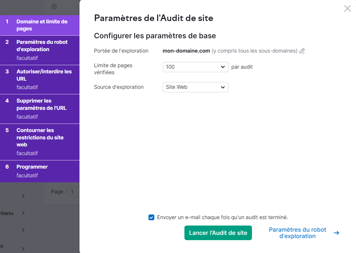 Paramétrer Audit de site de Semrush