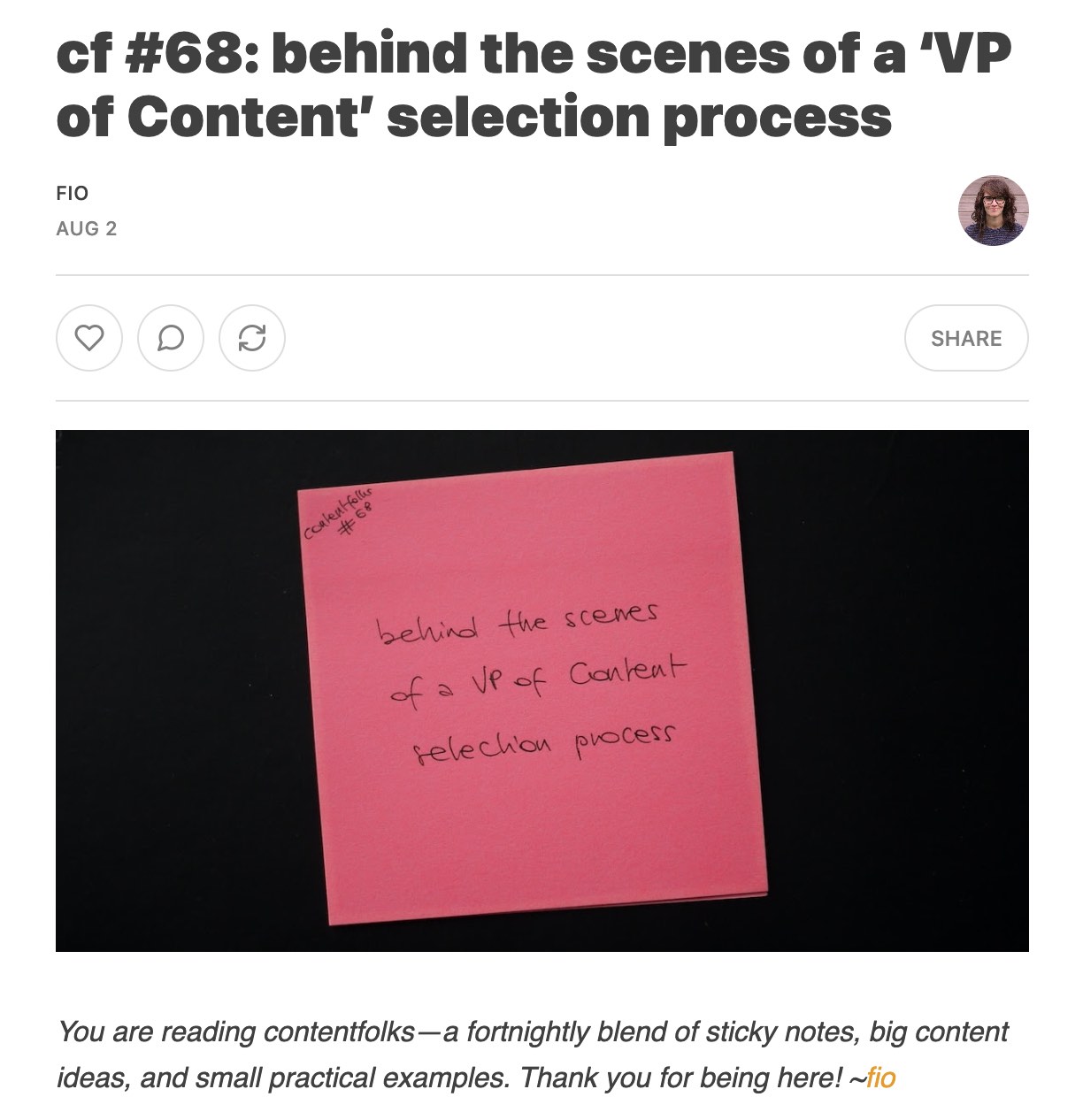 A newsletter titled: "cf #68: behind the scenes of a VP of Content selection process"