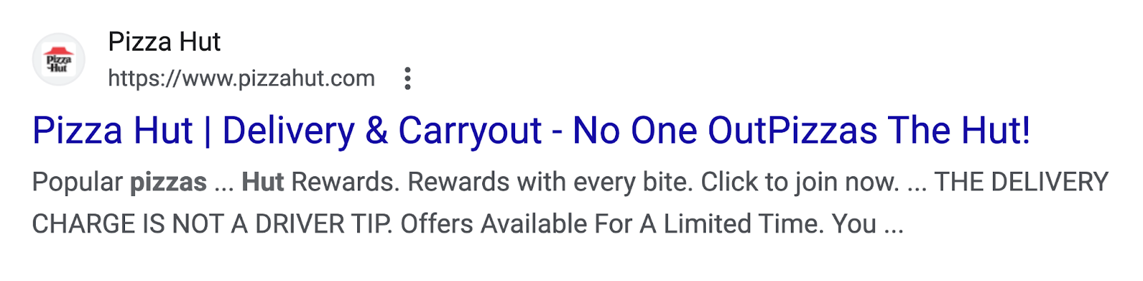 Un résultat de recherche organique pour Pizza Hut sur le SERP de Google