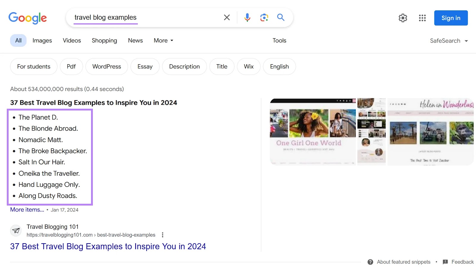 Featured snippet shown as a list in the Google Search Engine Results Page.