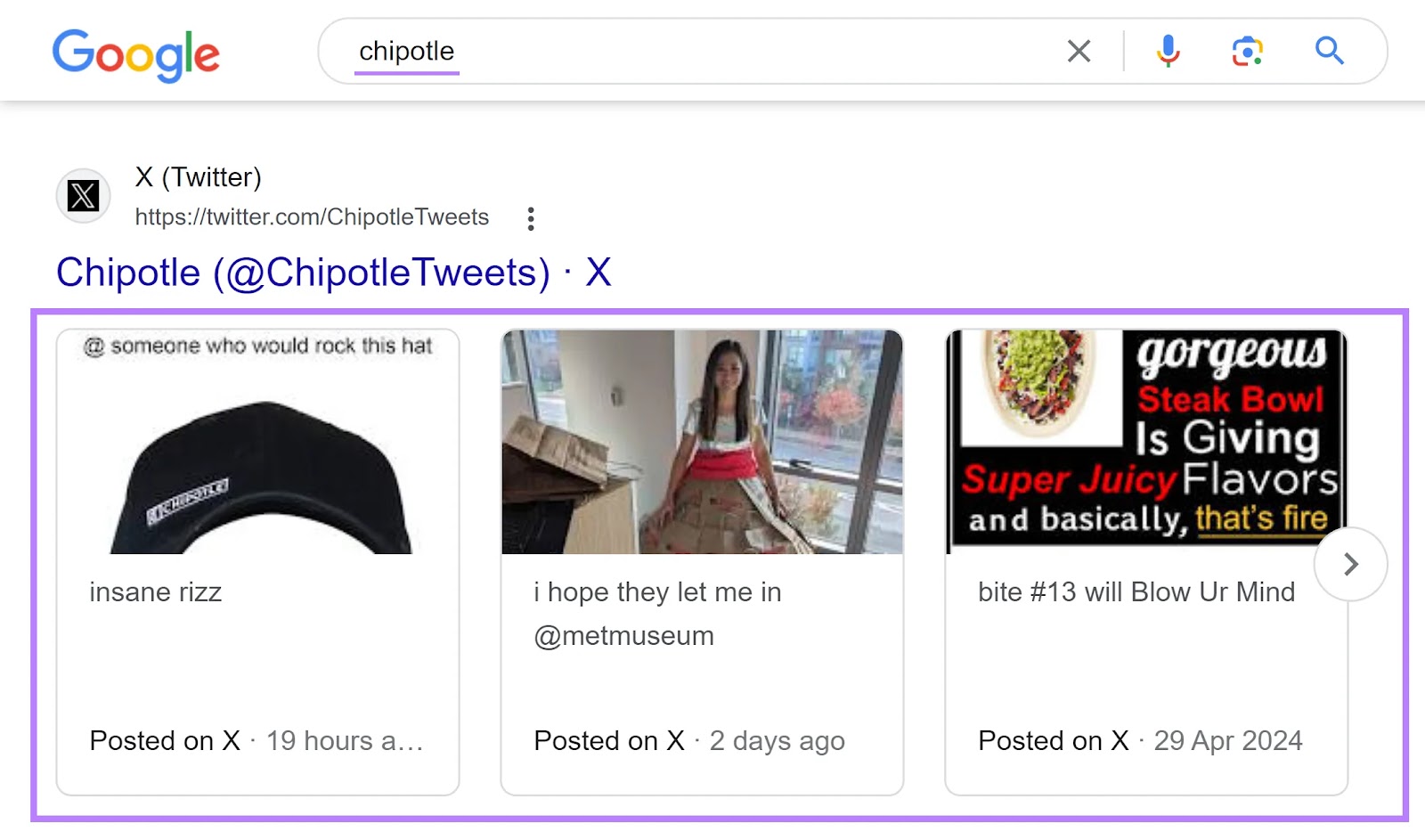 Google SERP of the "chipotle" keyword with X (Twitter) result showing three tweets.