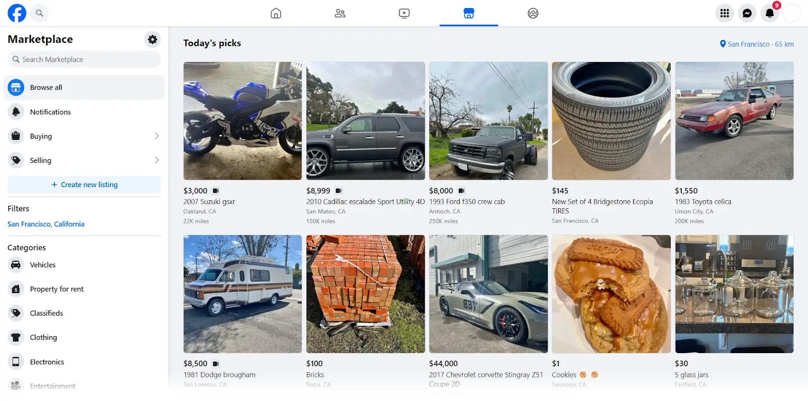 "Today's picks" section of Facebook Marketplace