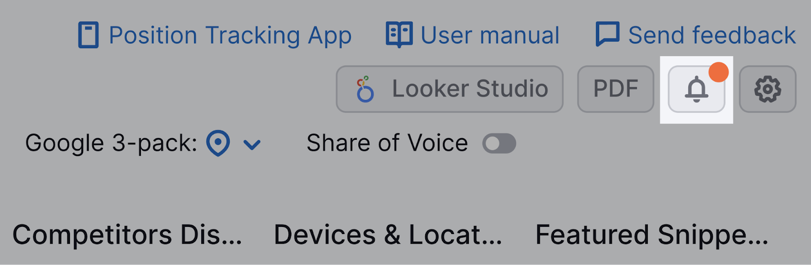 bell icon in the top right of Position Tracking tool
