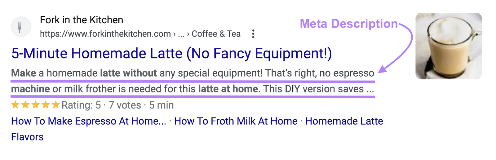 The meta description says, "Make a homemade latte without any special equipment! That's right, no espresso machine or milk frother is needed for this latte at home."