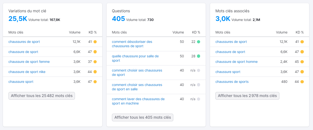 Vue d'ensemble des mots clés de Semrush, Variations et questions