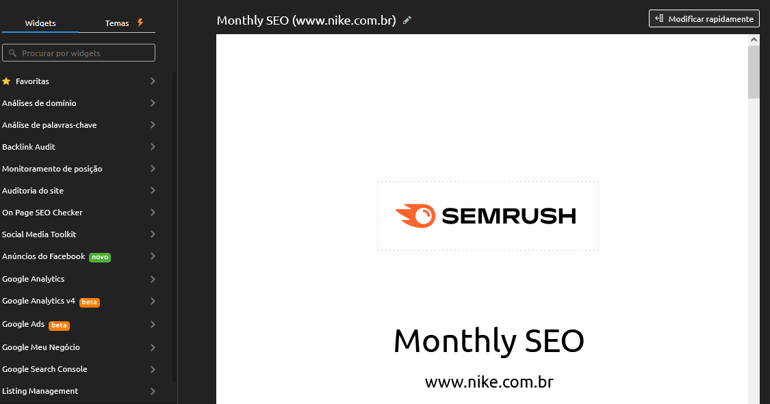 modelo de relatório mensal de seo da semrush