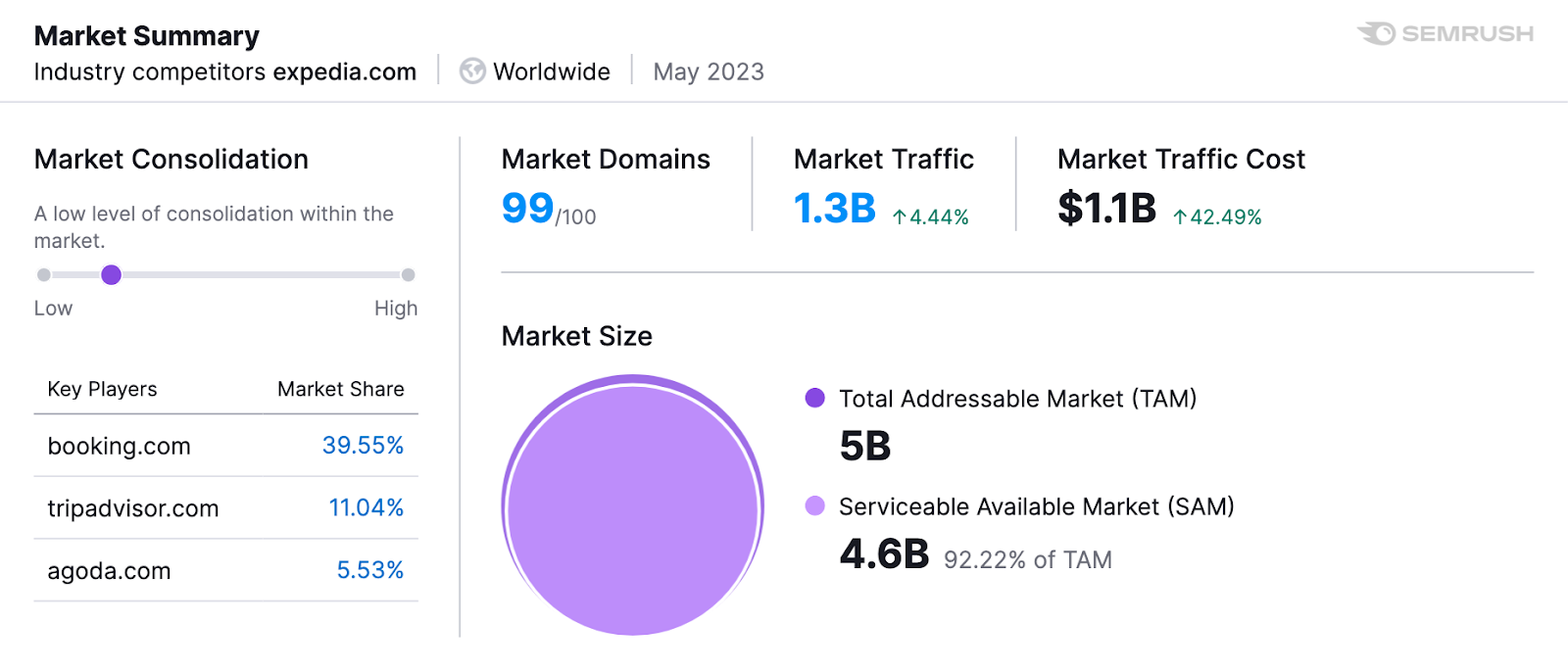 "Market Summary" section in Market Explorer tool shows a summary of your closest competitors, with data on market shares, consolidation, domains, traffic, and market size