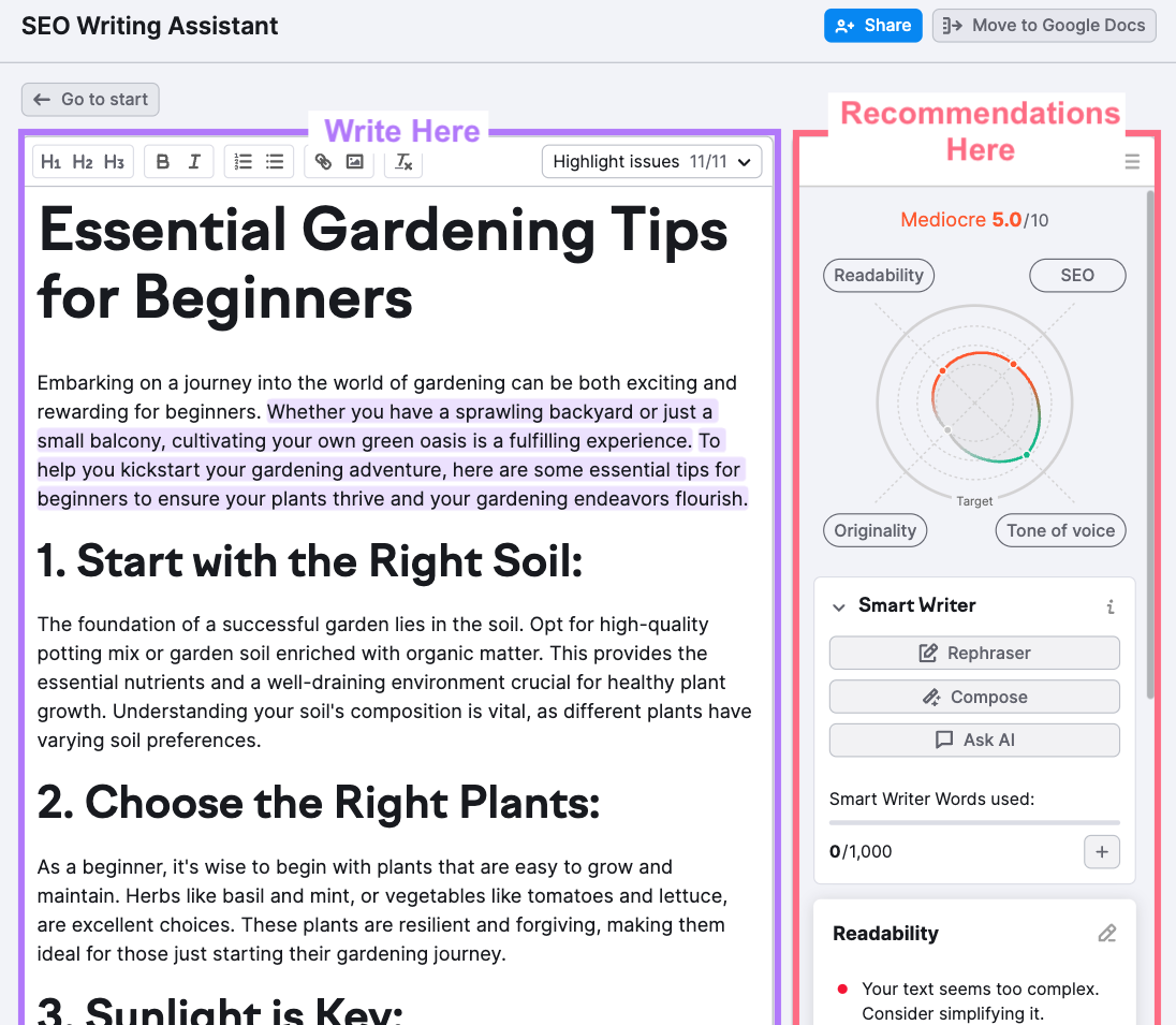 SEO Writing Assistant editor with text (left) and Recommendations section (right)