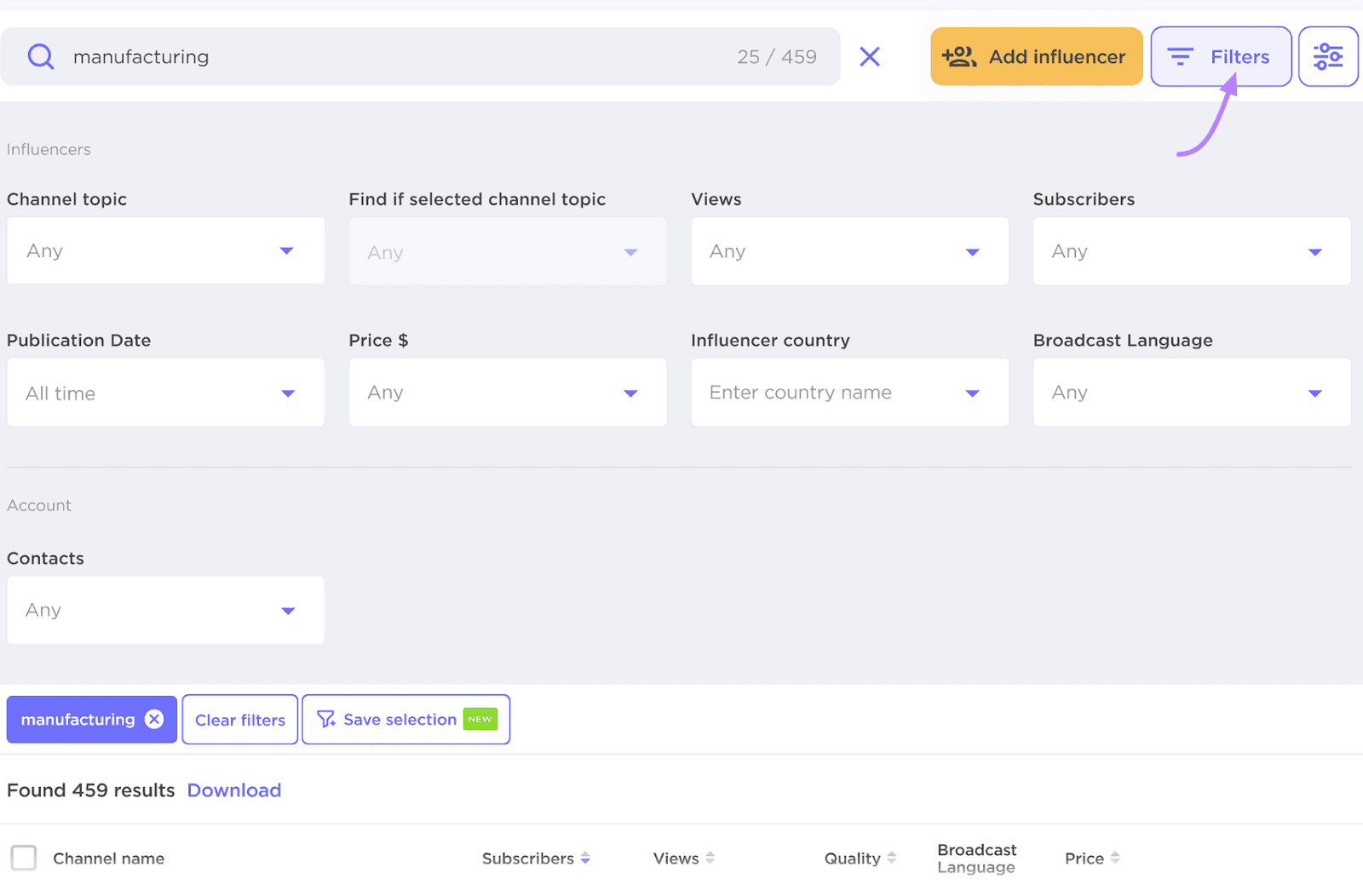 Influencer Analytics UI for filtering influencers with assorted  filter options and apical  of a hunt  effect   table.