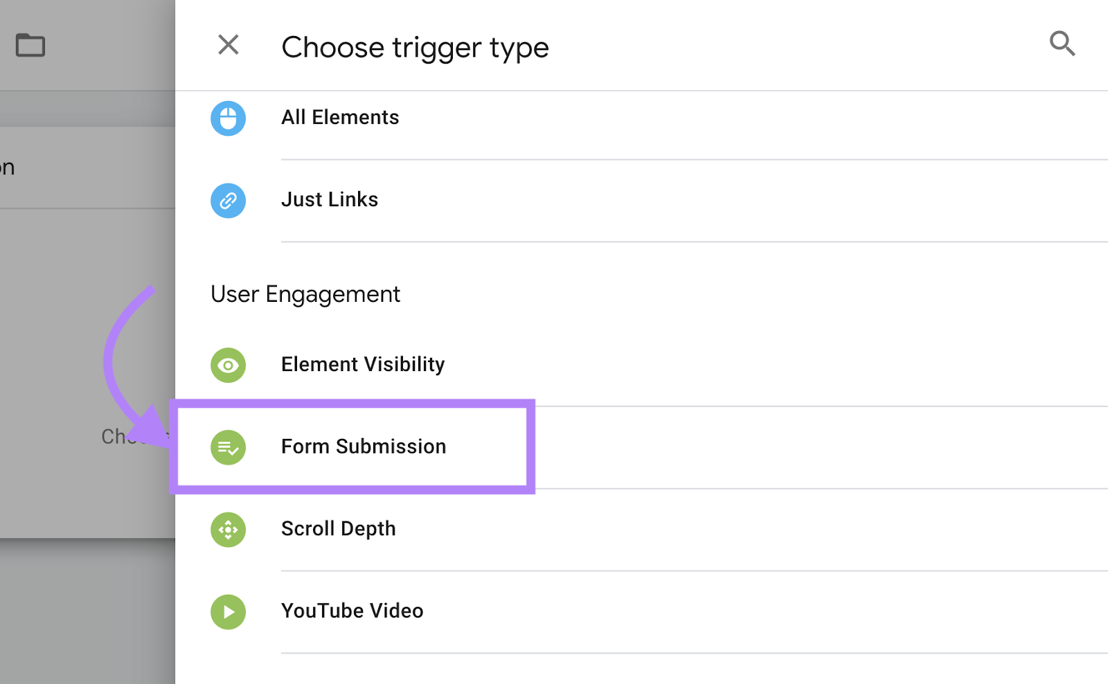 “Form Submission" selected under "Choose trigger type" menu