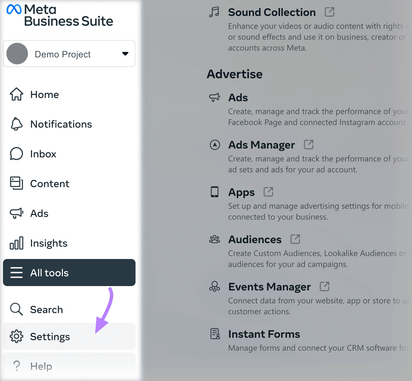 “Settings" button selected from the Meta Business Suite menu