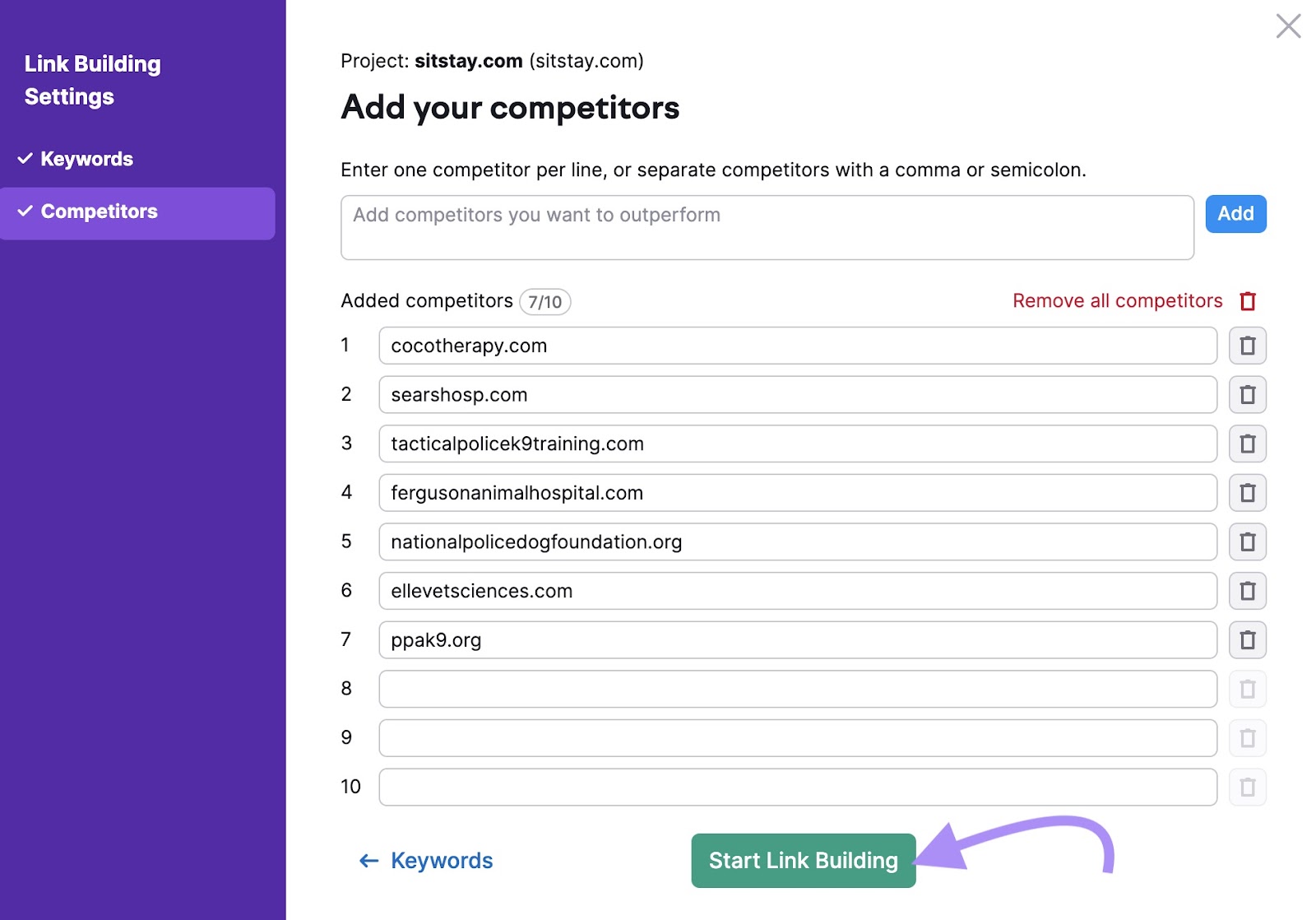 "Add your competitors" window in Link Building Tool settings