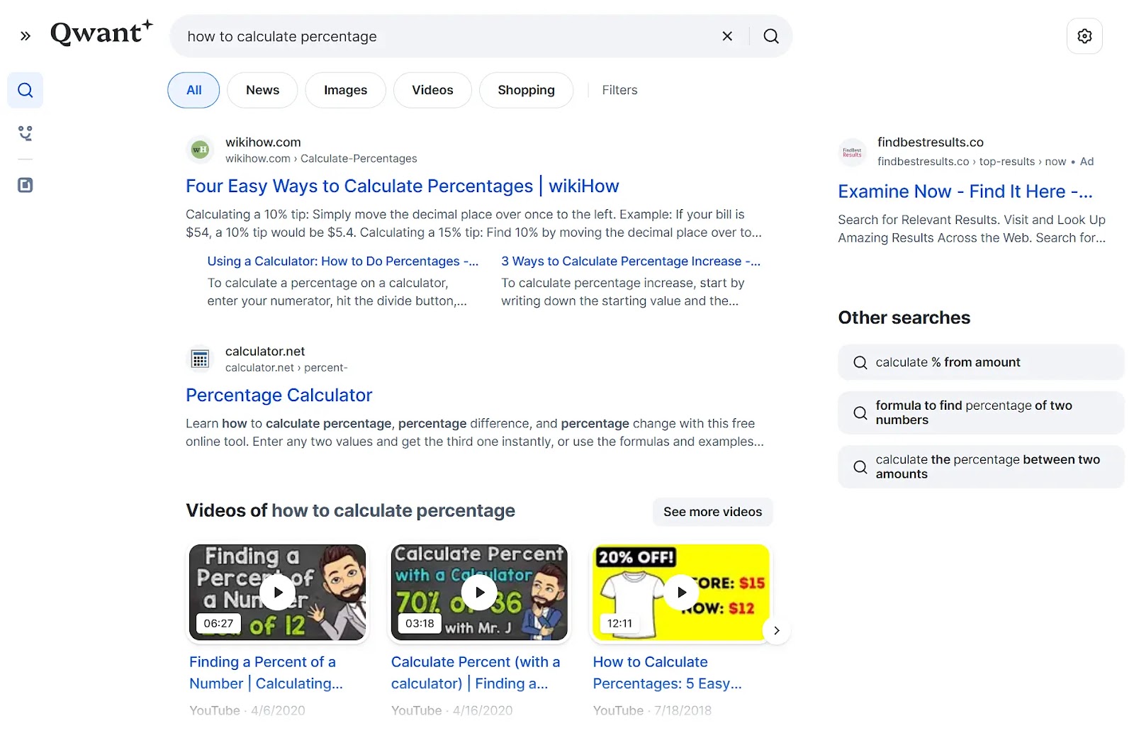 Qwant SERP for "how to calculate percentage"