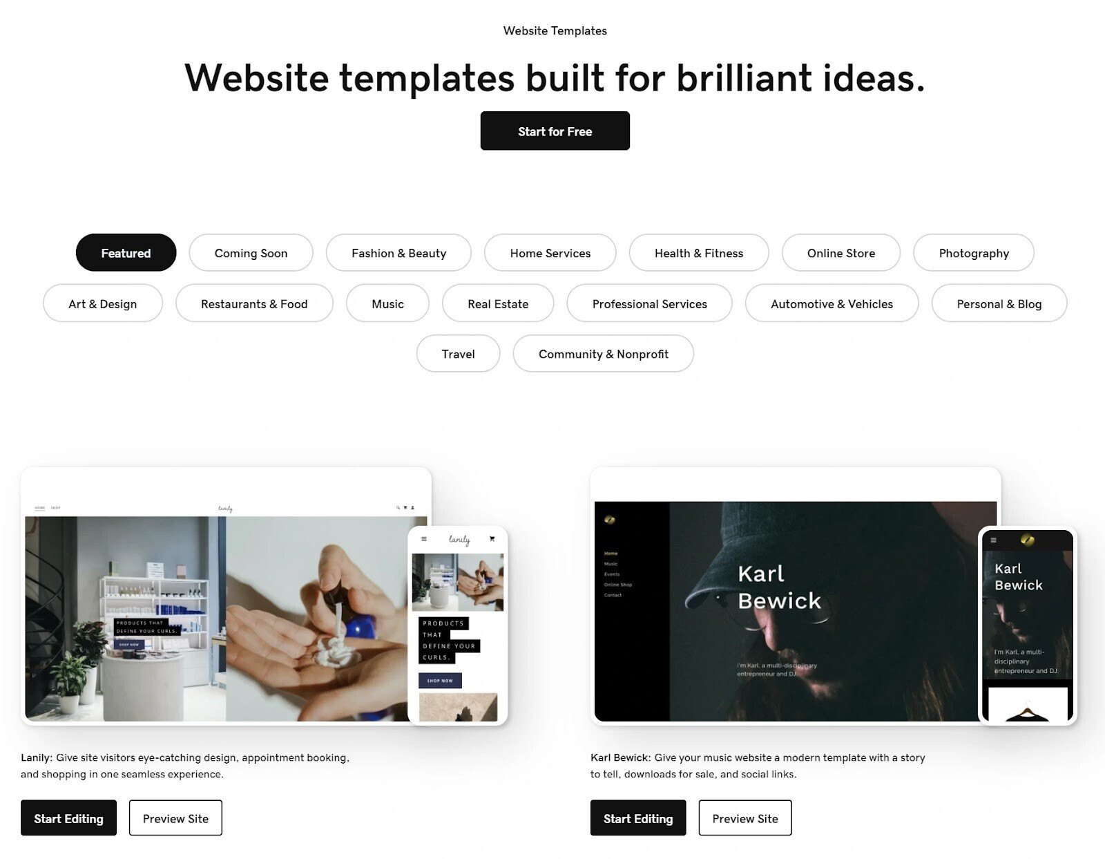 GoDaddy's templates page