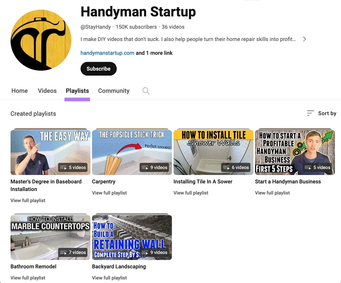 Handyman Startup YouTube video Playlists page highlighted