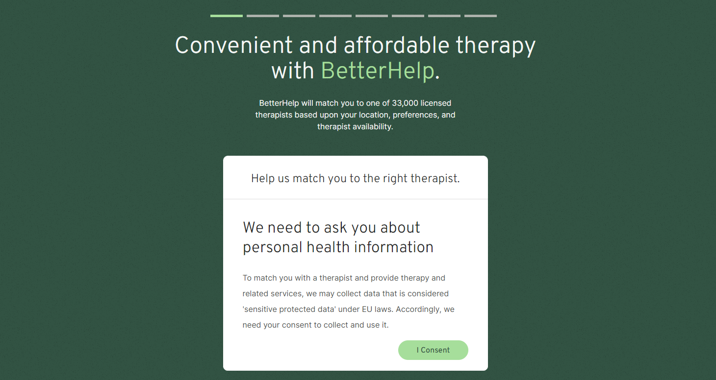 BetterHelp's landing page with "Convenient and affordable therapy with BetterHelp" headline