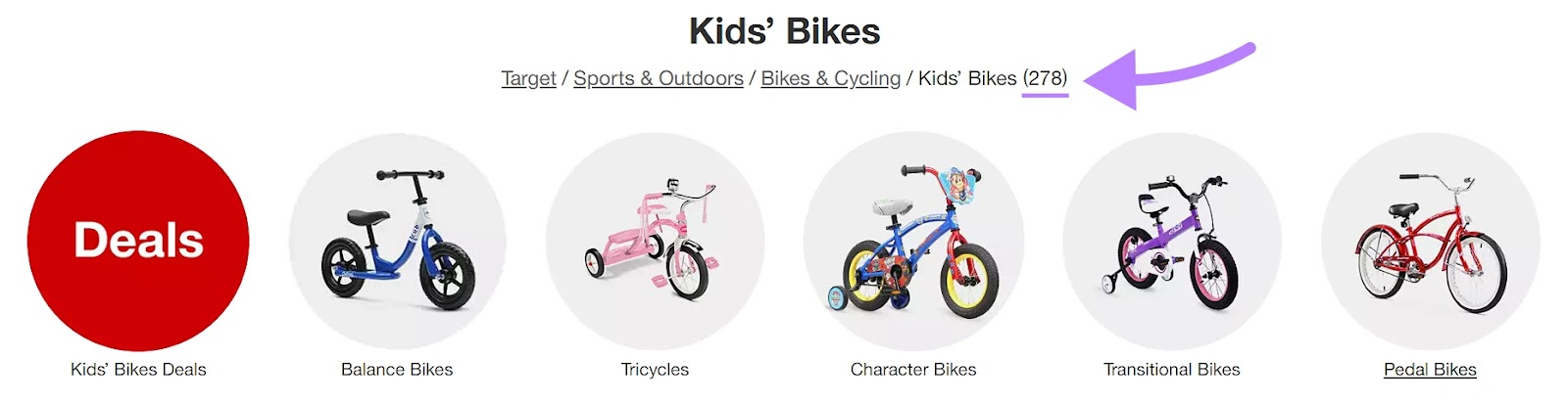 Target's breadcrumb navigation at the top of "Kids' Bikes" section