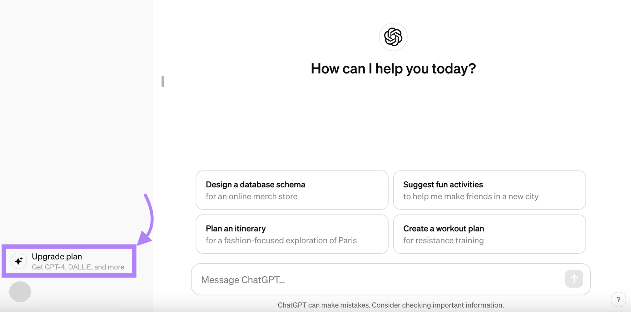 upgrade plan option highlighted in the bottom left corner of the chatgpt screen
