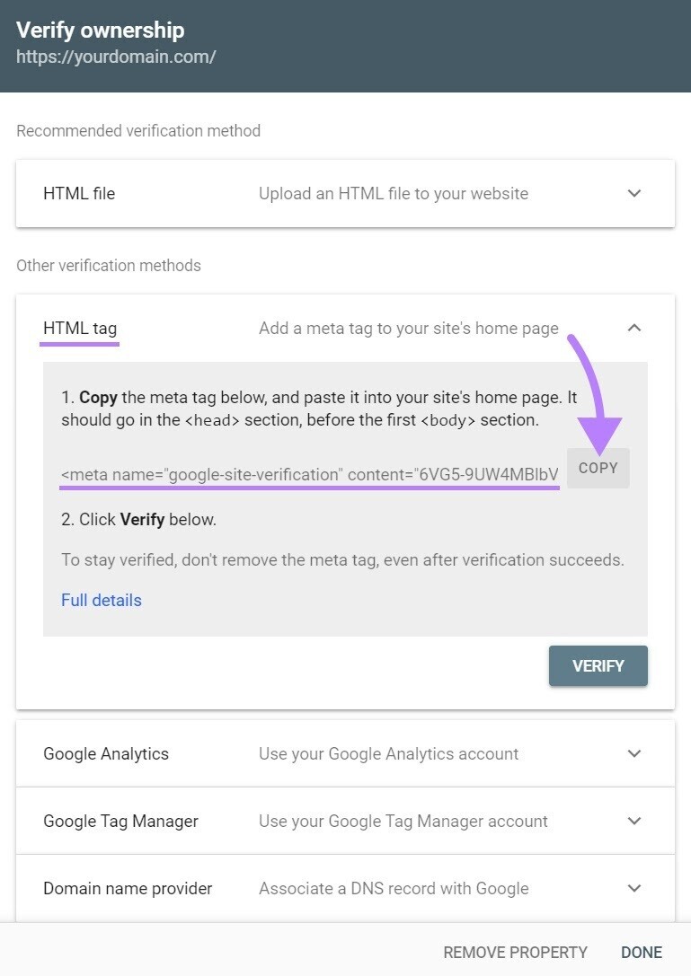 Tela "Verificar propriedade" no Google Search Console