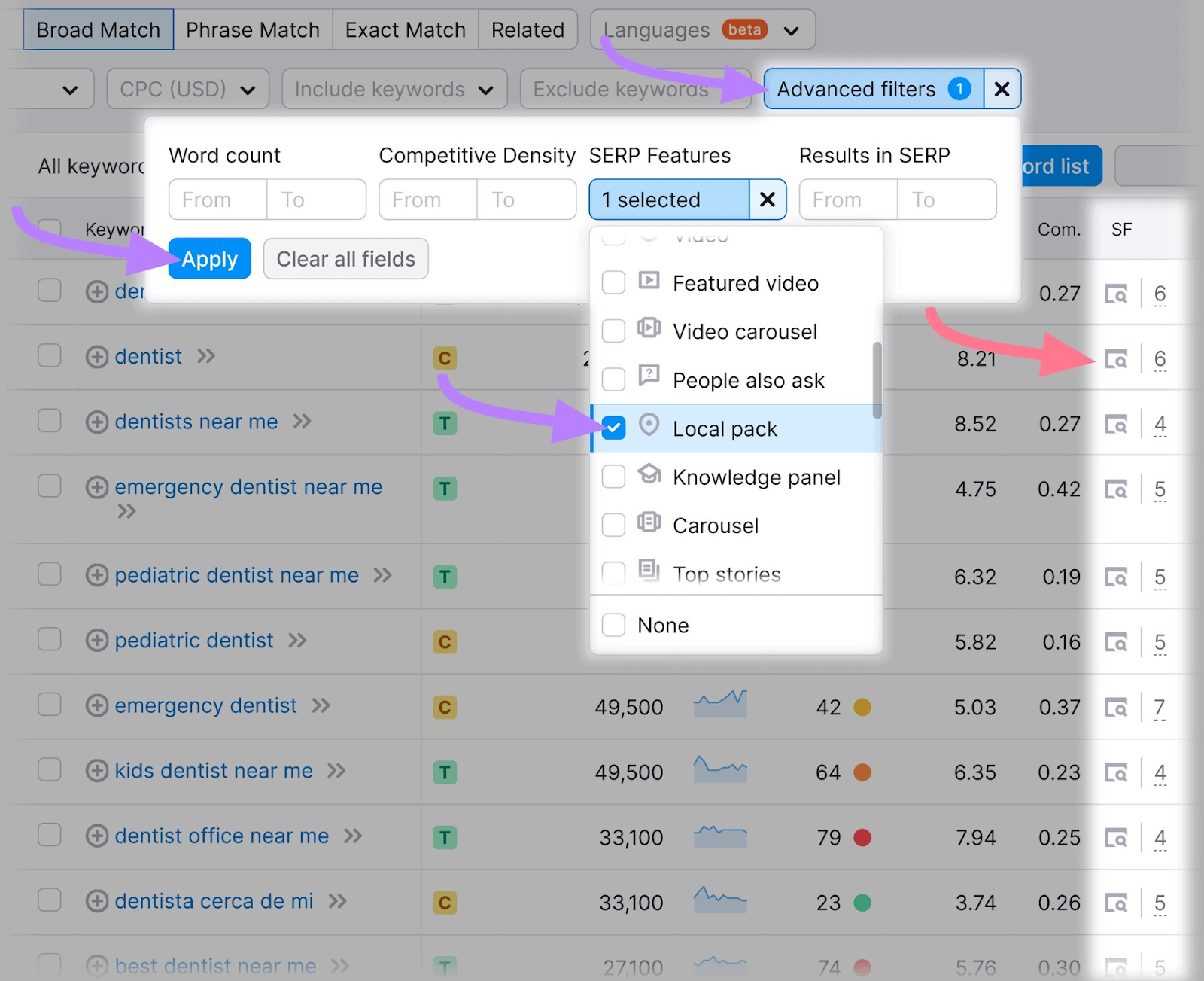 Filtering Keyword Magic Tool results by local pack SERP feature