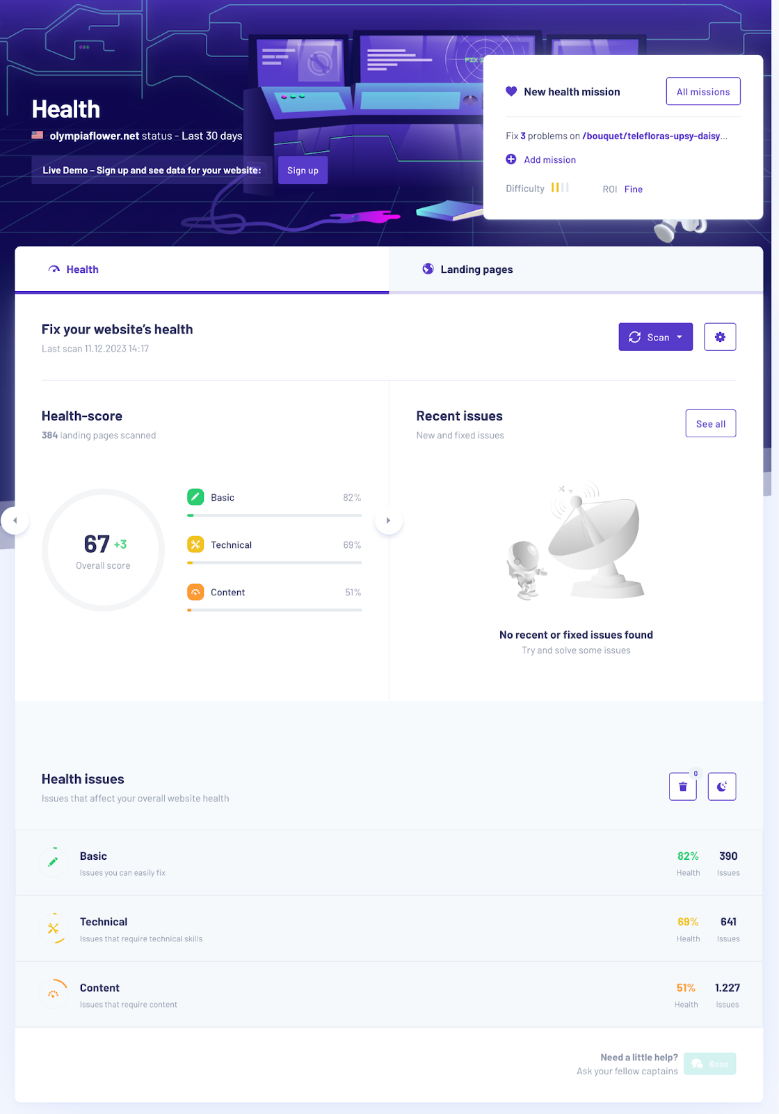 Website audit tool shows how to fix your website's health, categorizing issues by basic, technical, and content.