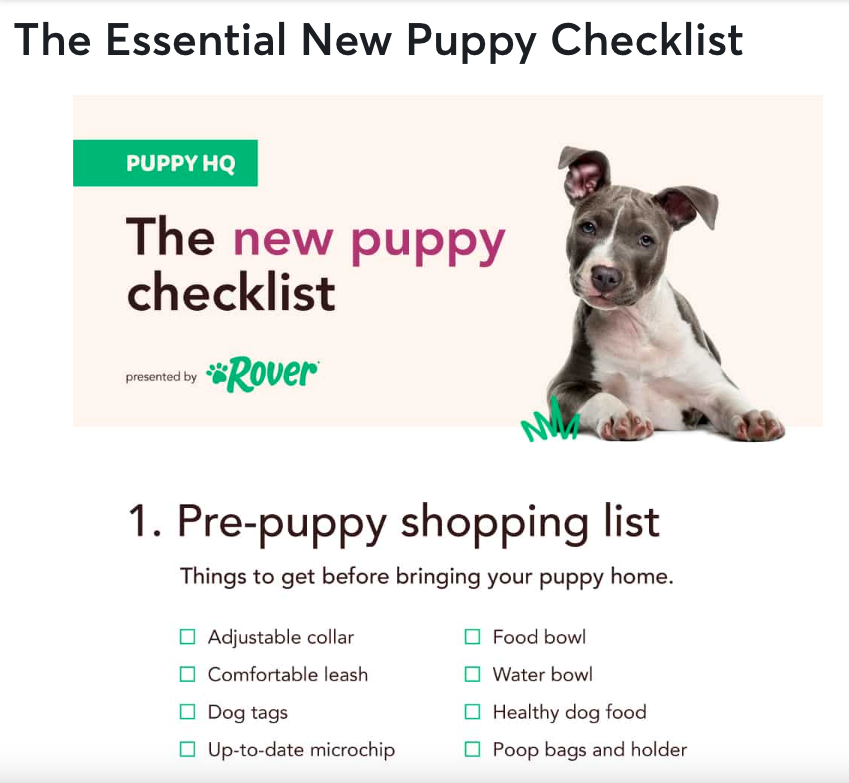 Rover's "The Essential New Puppy Checklist" blog page