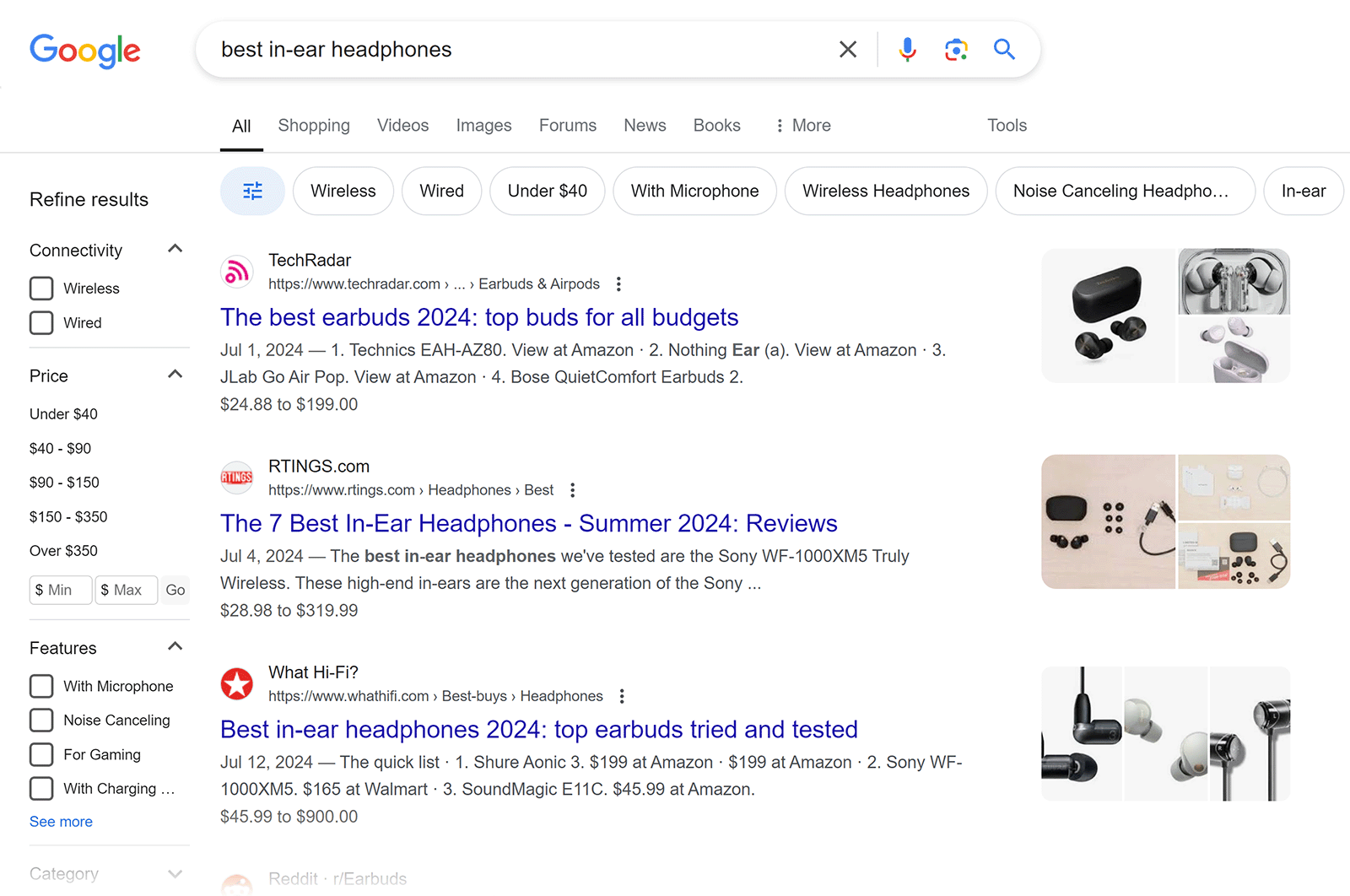 Google SERP for 'best in-ear headphones' showing merchandise  comparisons and roundups