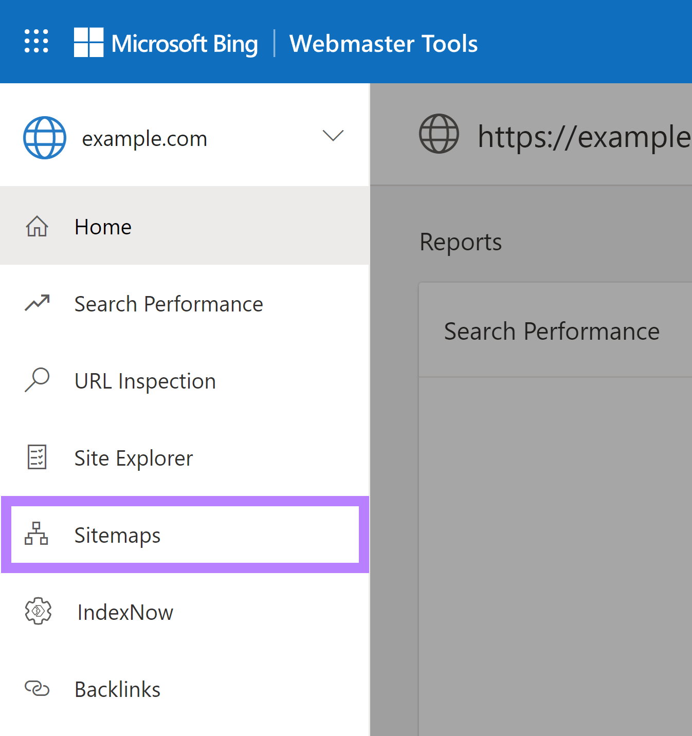 Microsoft Bing Webmaster tools dashboard with SItemaps menu option highlighted