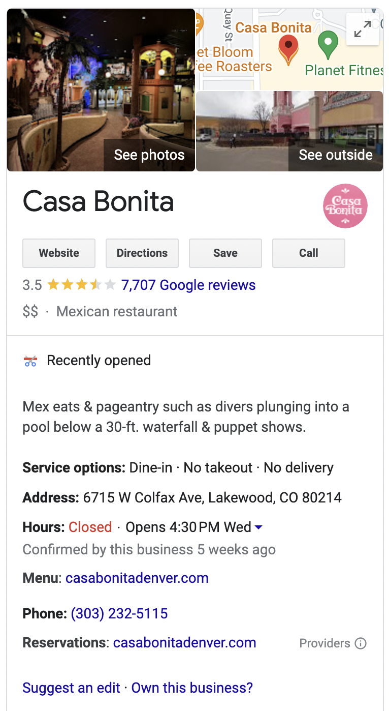 A Google Business Profile for "Casa Bonita"
