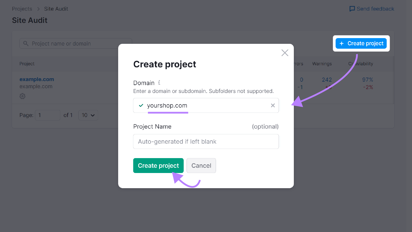 "Create project" button in Site Audit