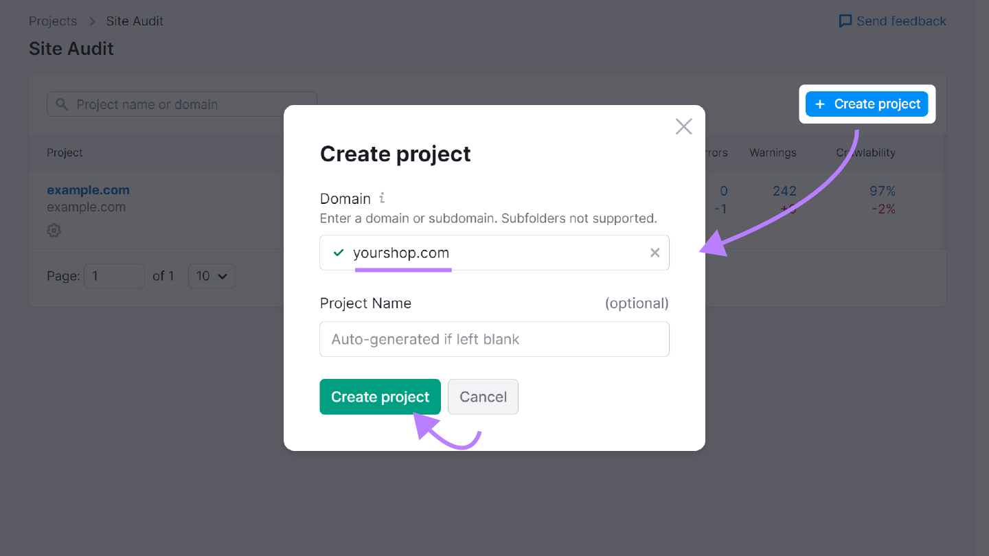 "Create project" fastener  successful  Site Audit