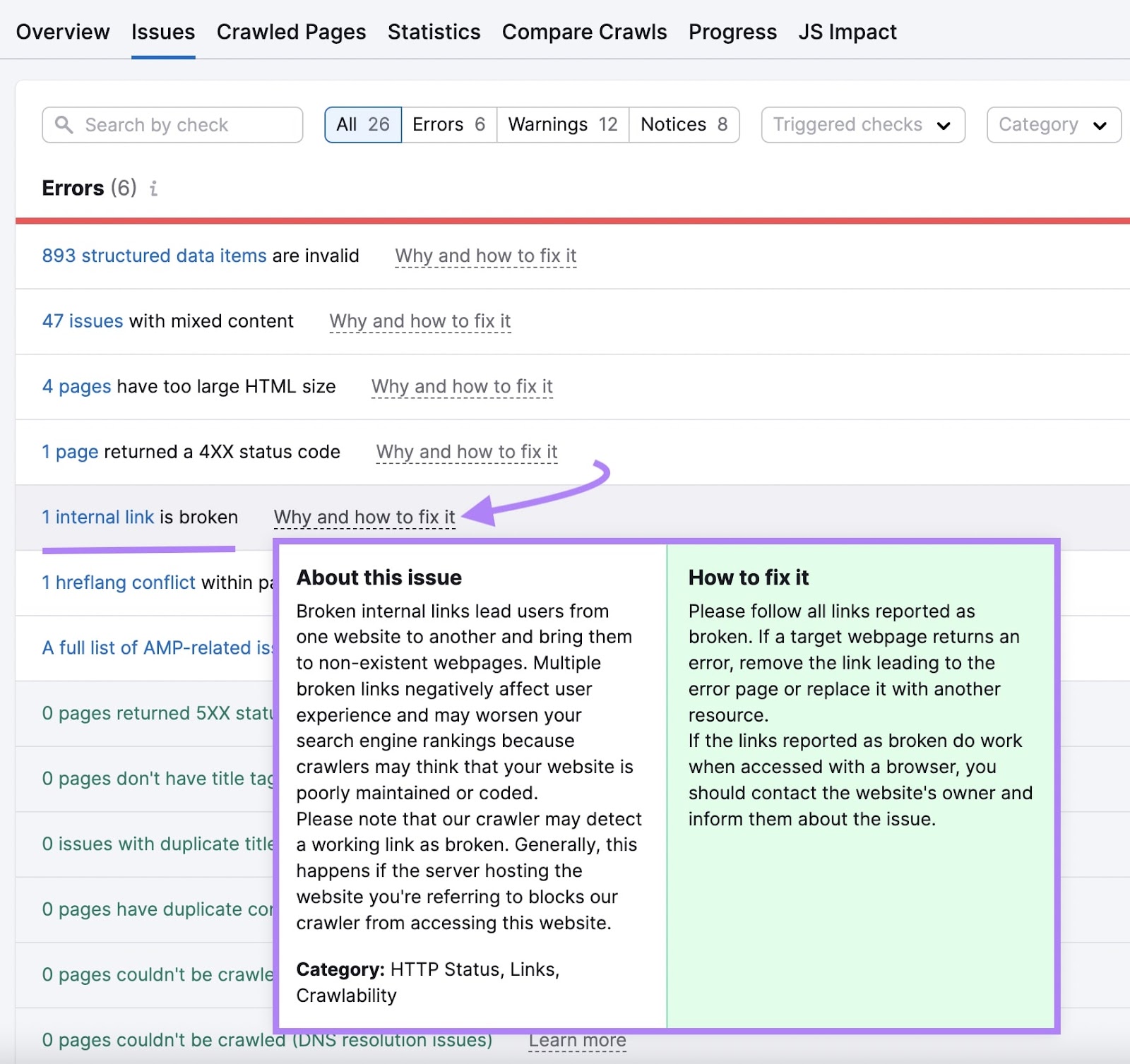 Semrush Site Audit with interior   links breached  mistake  highlighted alongside wherefore  and however  to hole  it box