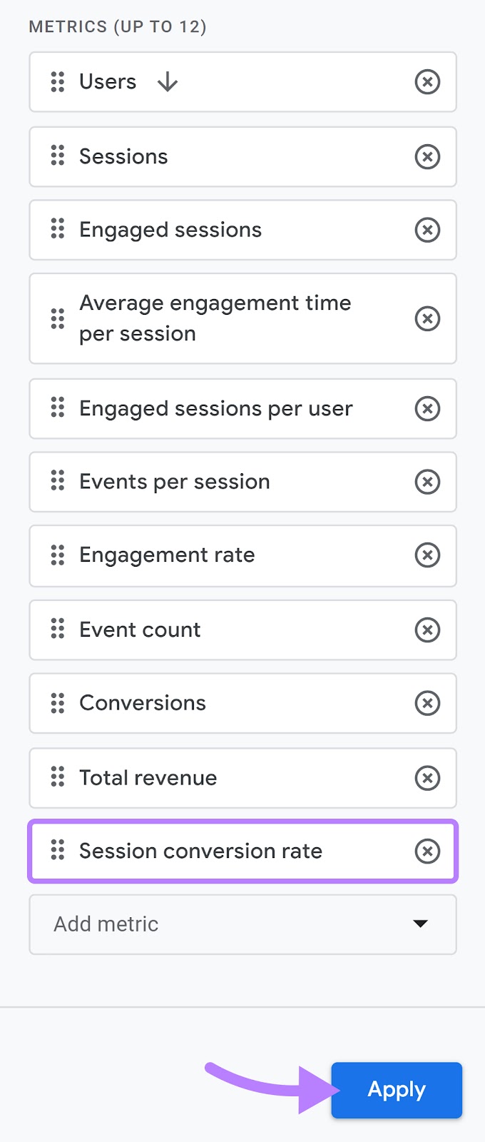 “Session conversion rate” enactment    selected from the metrics list