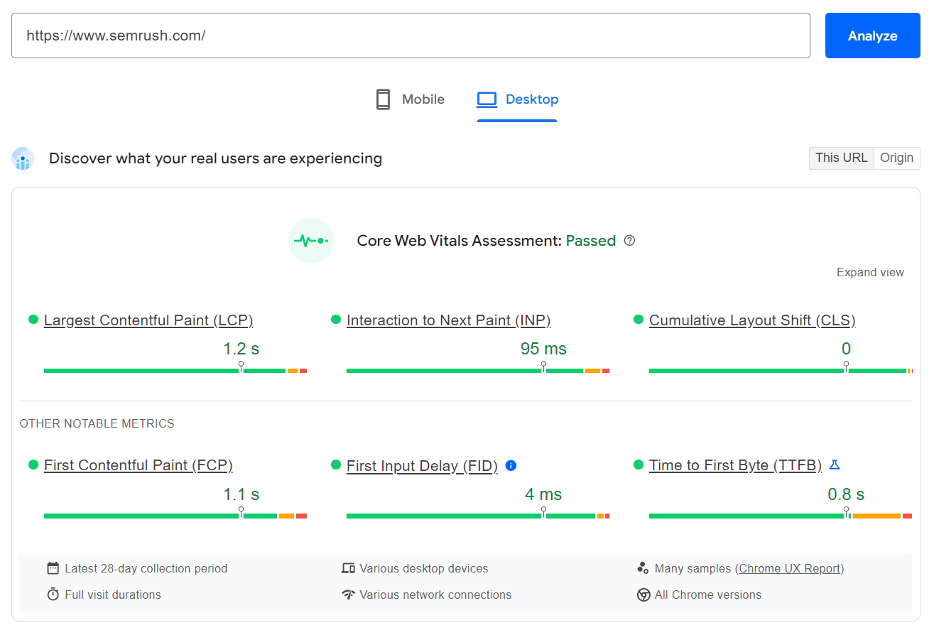 PageSpeed Insights for Semrush.com showing the tract  is passing Core Web Vitals.