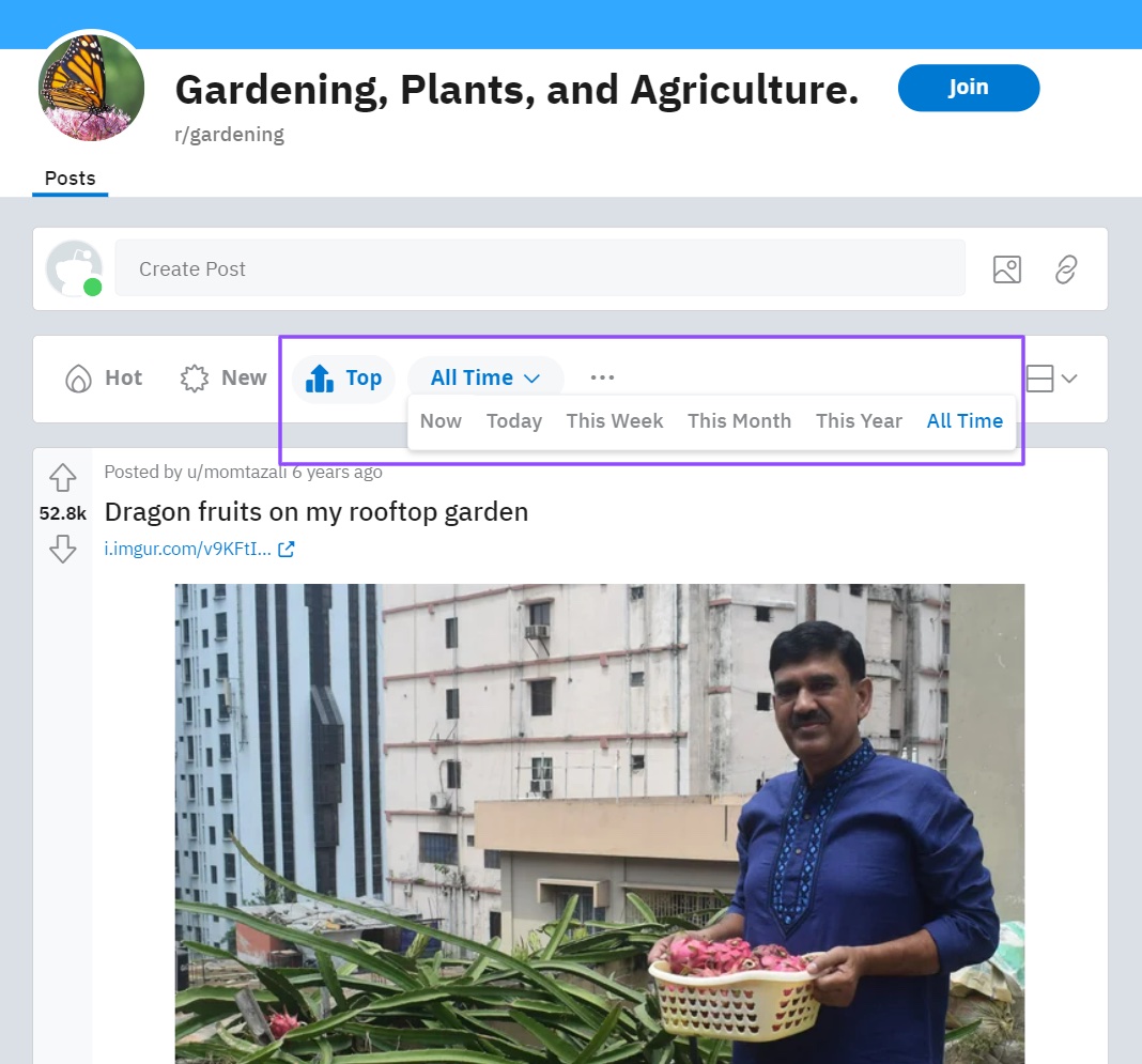 A r/gardening subreddit page