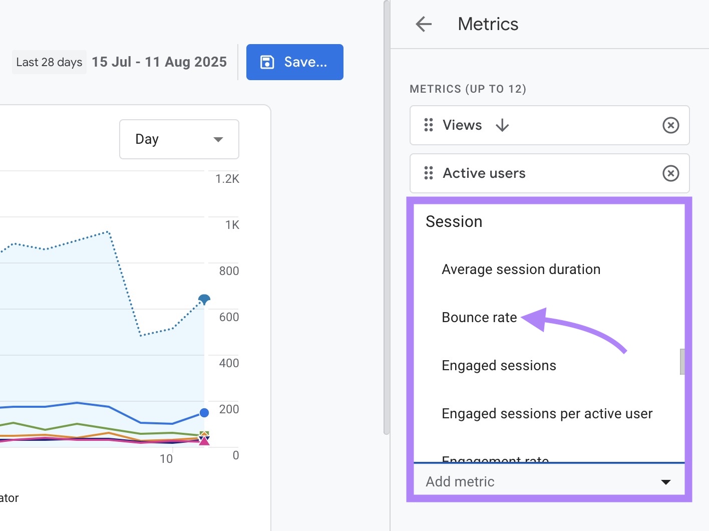 "Bounce rate" clicked from the options on the "Add metric" drop up.