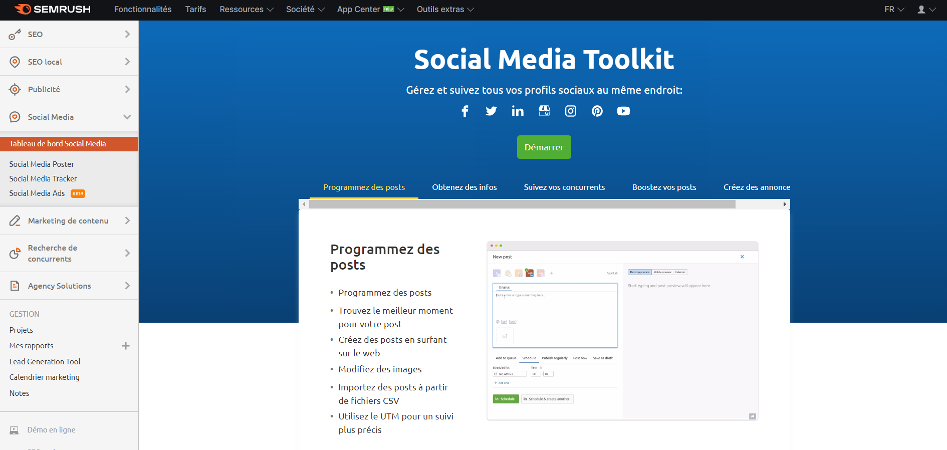 Semrush Tableau de bord Social Media