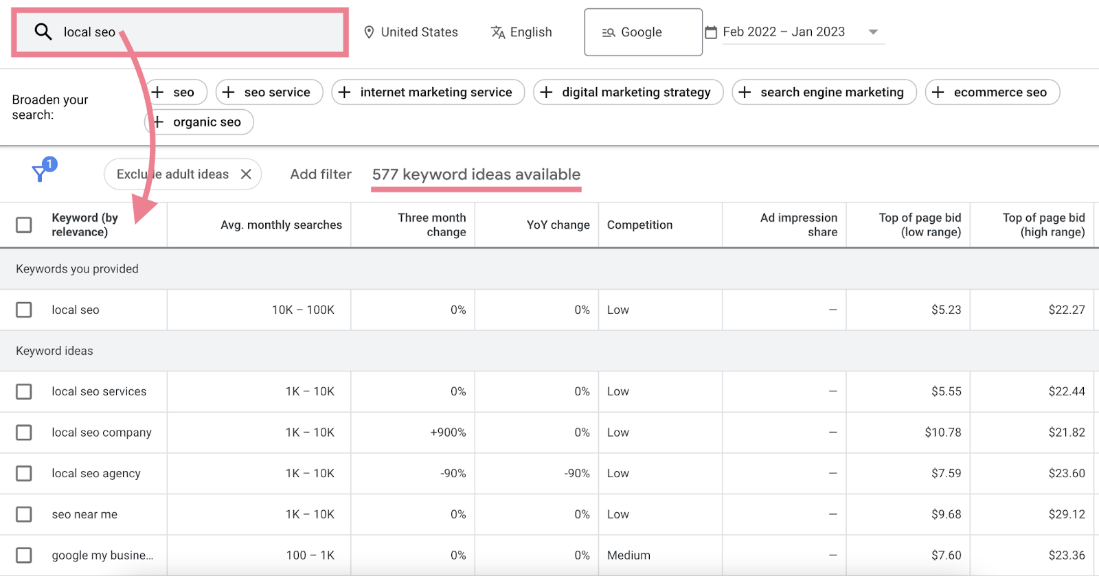 keyword ideas related to "local seo" in Google Keyword Planner