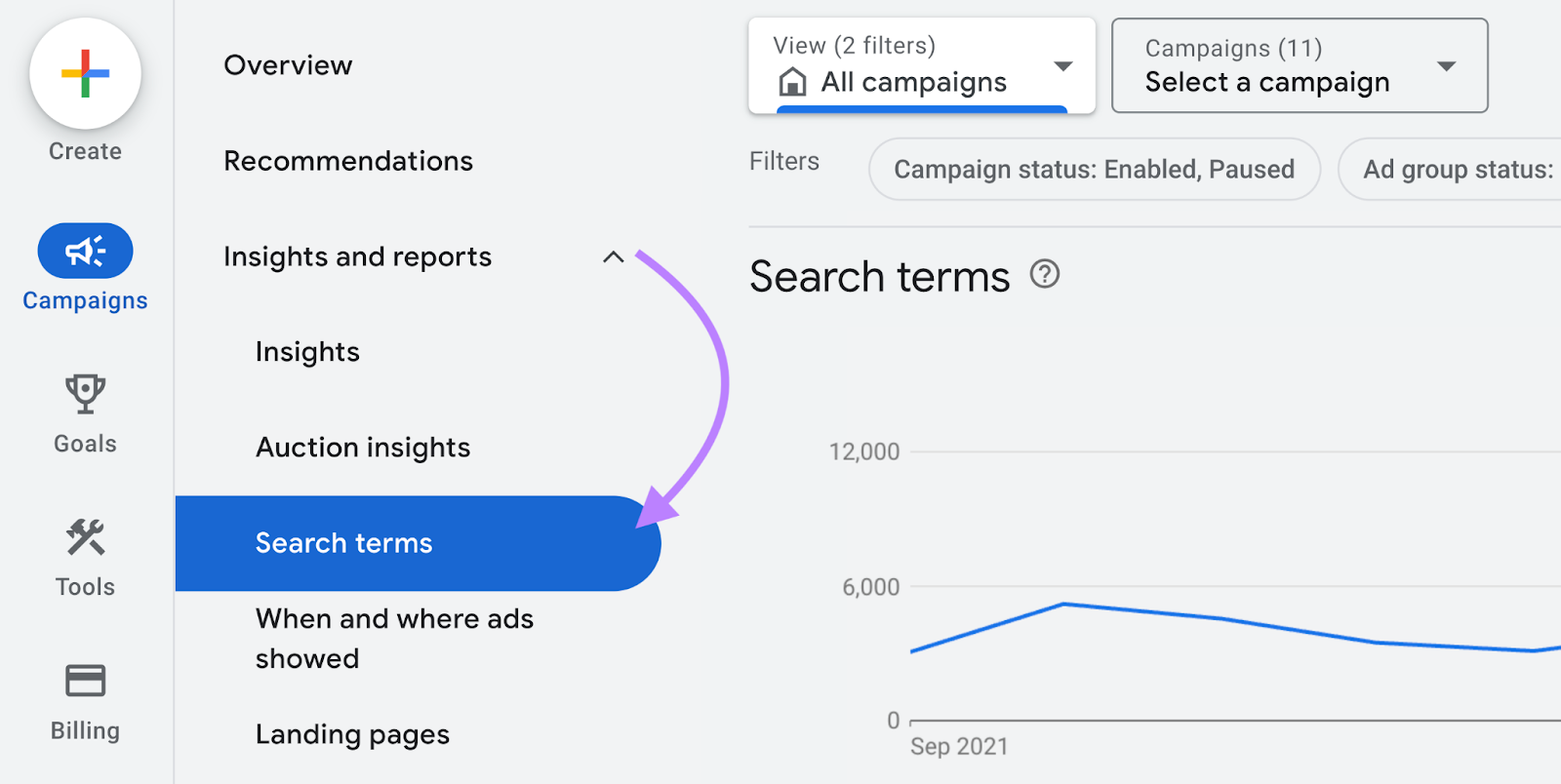 search terms report highlighted in navigation