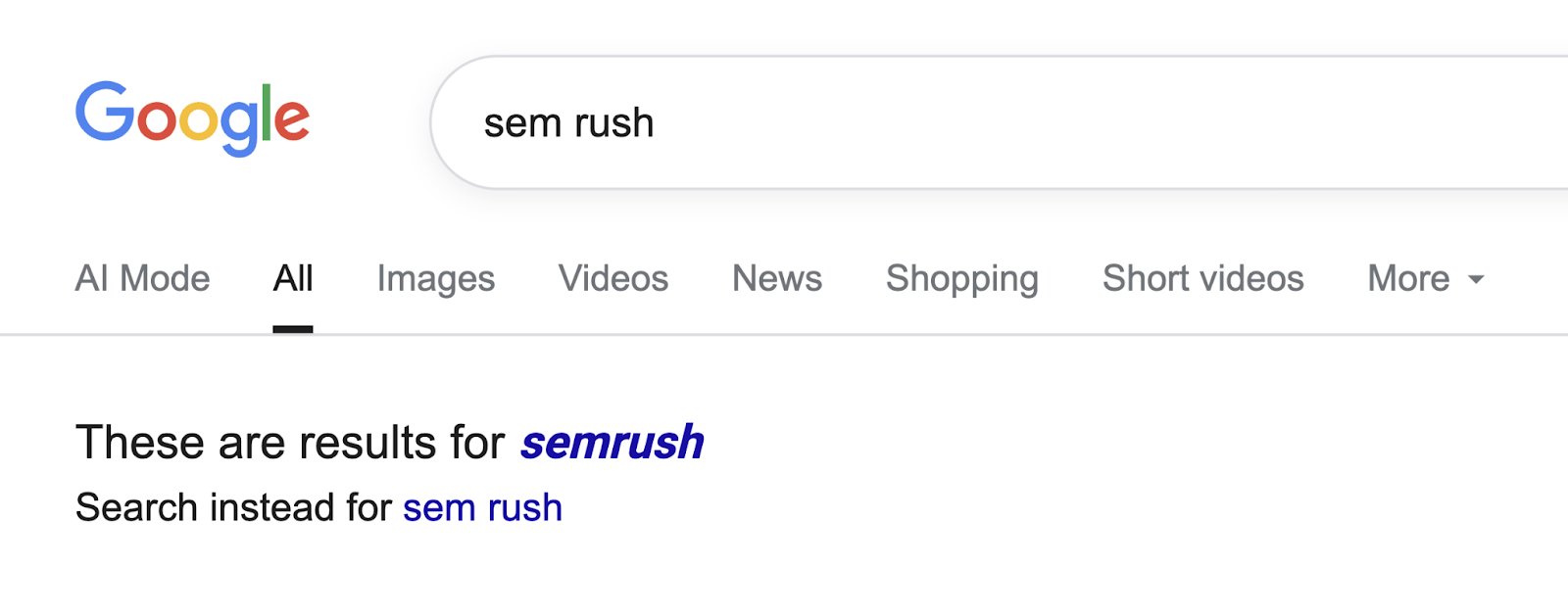 Google says "these are results for semrush" at the top of the SERP, before the listings.